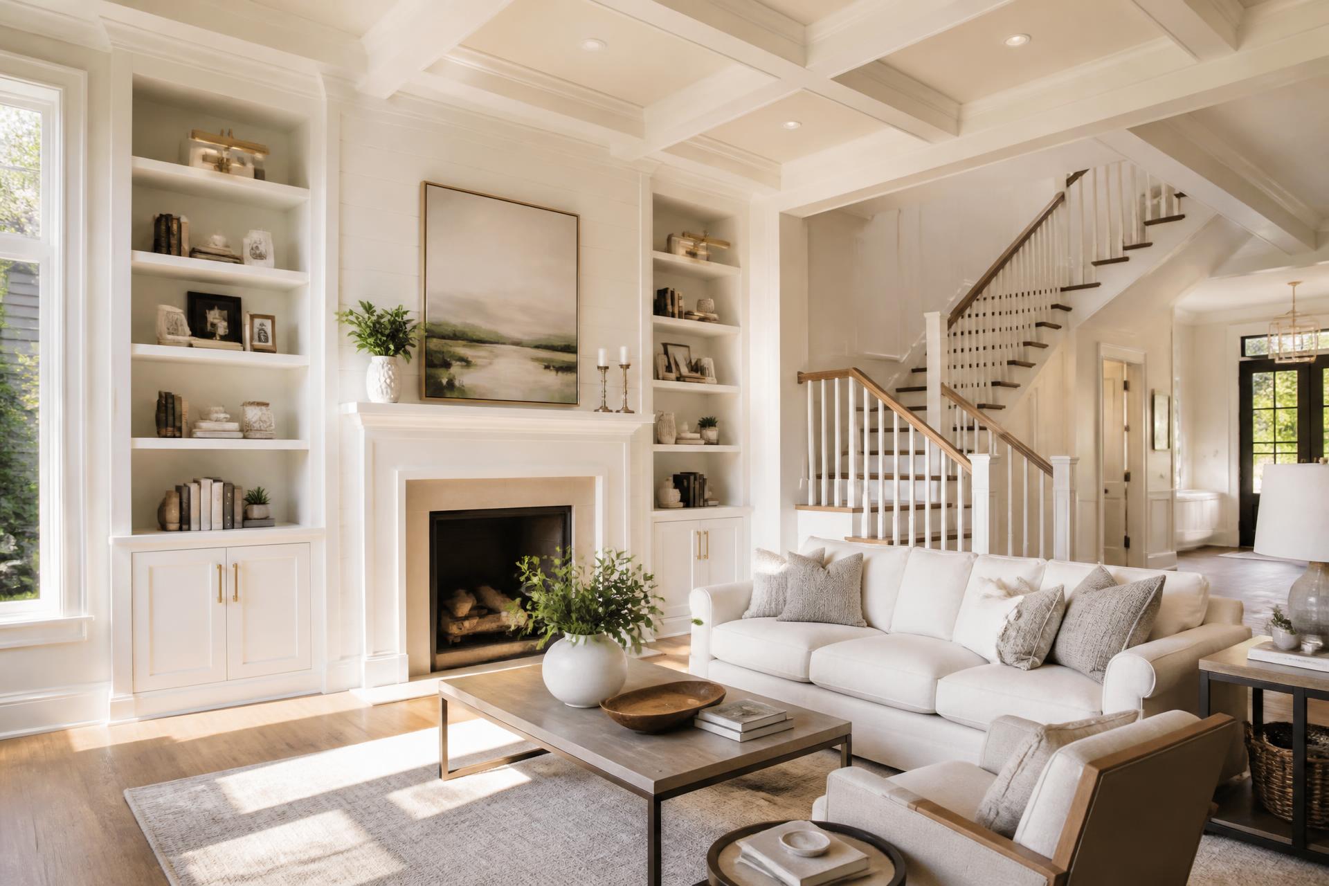 Custom finish carpentry interior with coffered ceiling, built-ins and shiplap